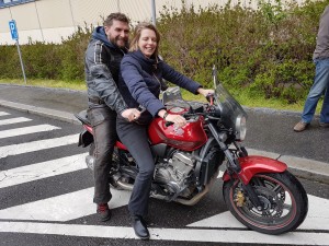 Czech trainer Jiří Novotný and BOVAG (Netherlands) representative Christa Grootveld pose for pictures on Prague car park